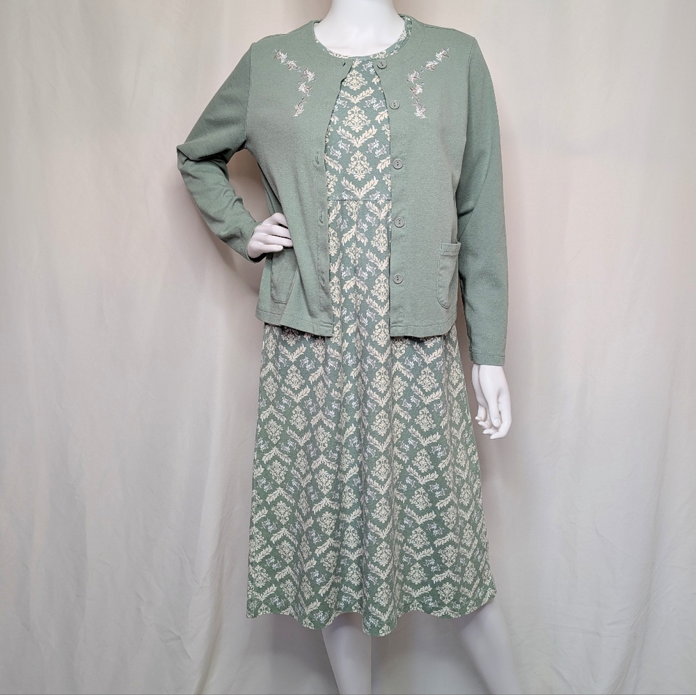 90s Y2K Sage Green Abstract Pattern Babydoll Midi Dress & Cardigan Set